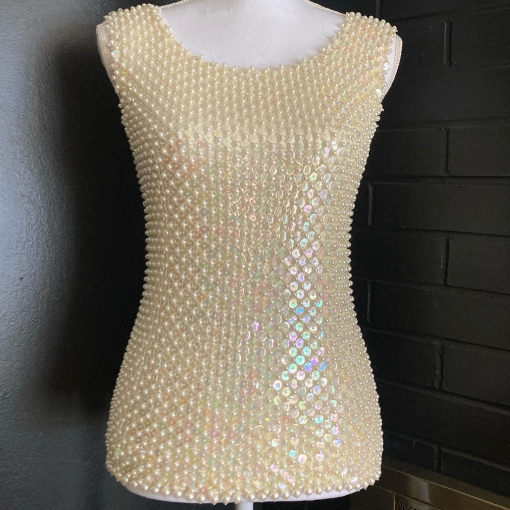 Vintage Pearl & Sequin Hand Beaded Wool Shell Tank Hong Kong WPL 3526 50’s/60's